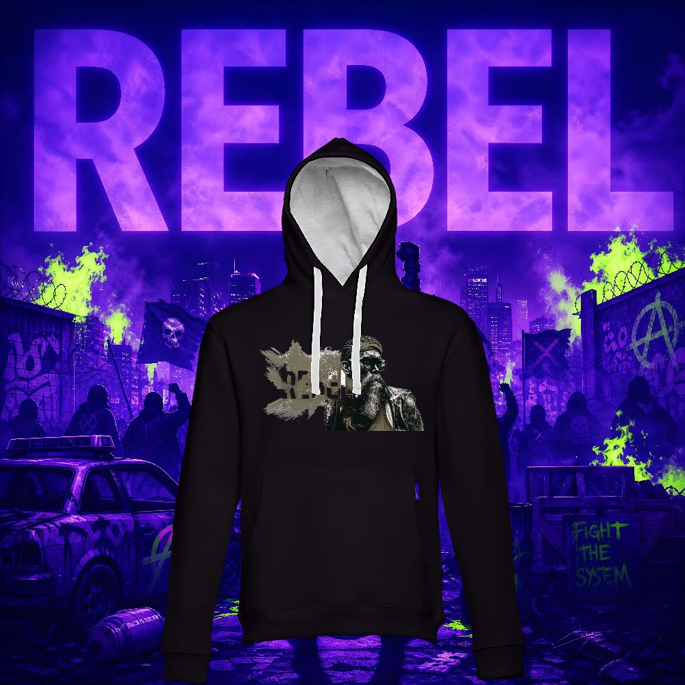 Hoodie Rebel noir avec l'imprimé d'un personnage barbu, devant une rue violette en émeute