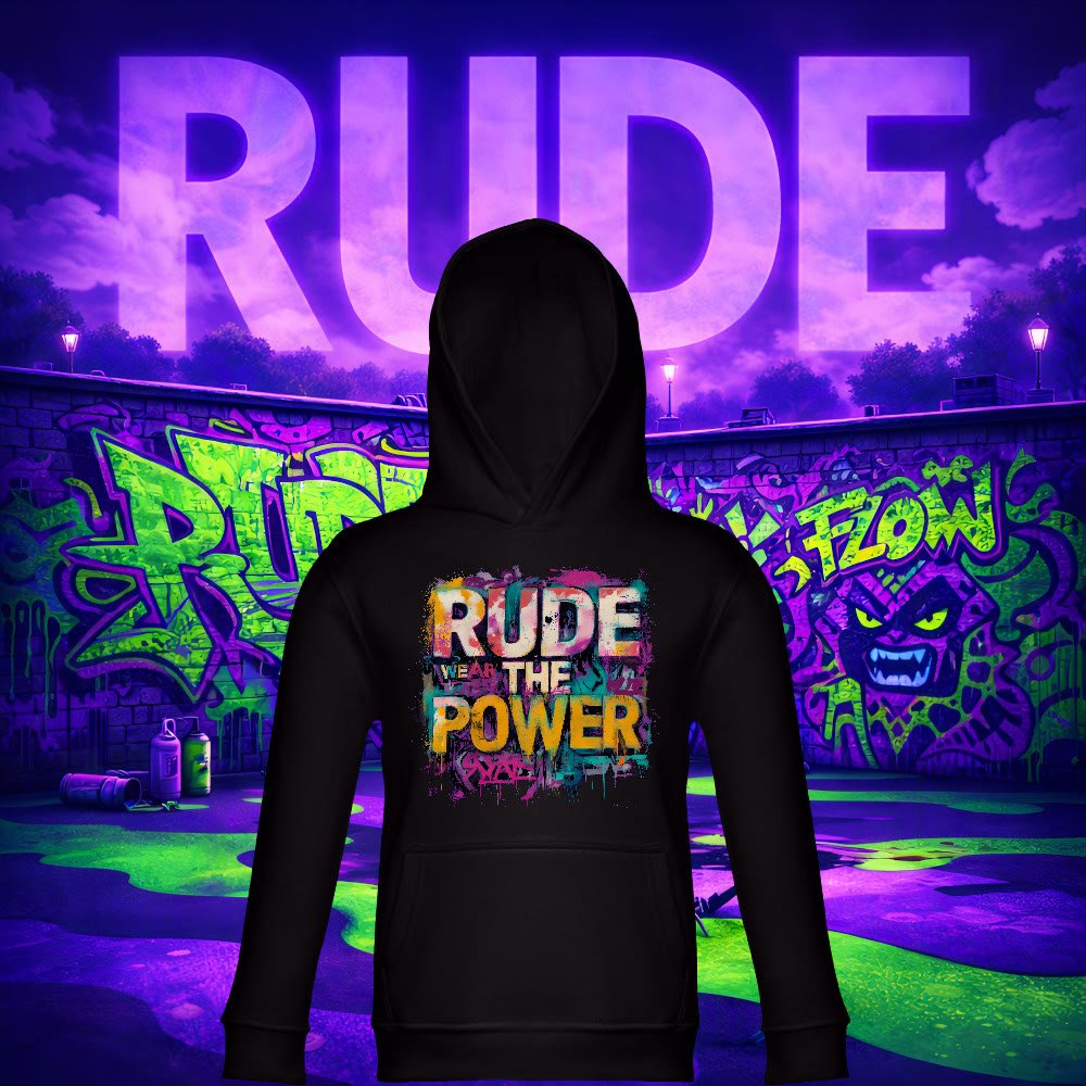Hoodie Rude noir avec un imprimé graffiti, devant un mur peint la nuit